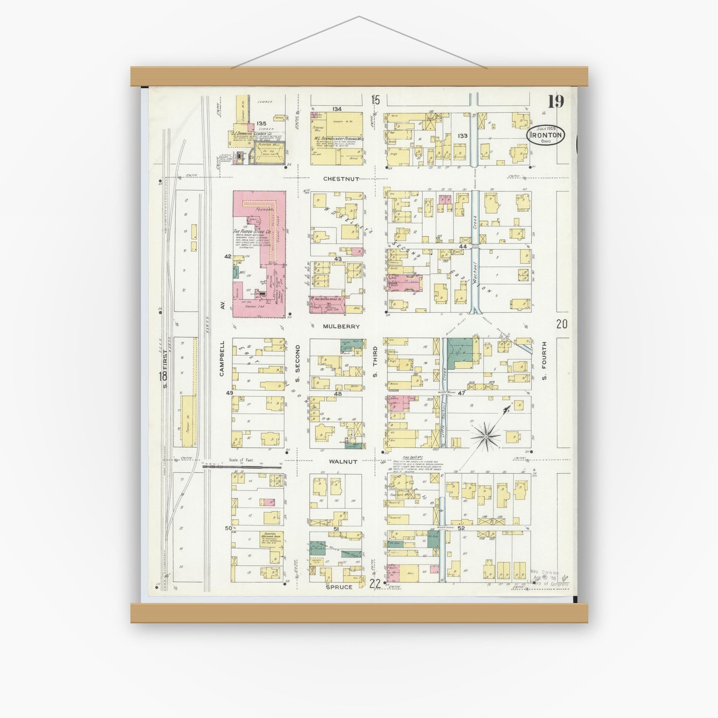 Old map wall art mockup — magnetic wood frame on white wall — Sanborn Fire Insurance Map from Ironton, Lawrence County, Ohio (1909), Sheet #0019