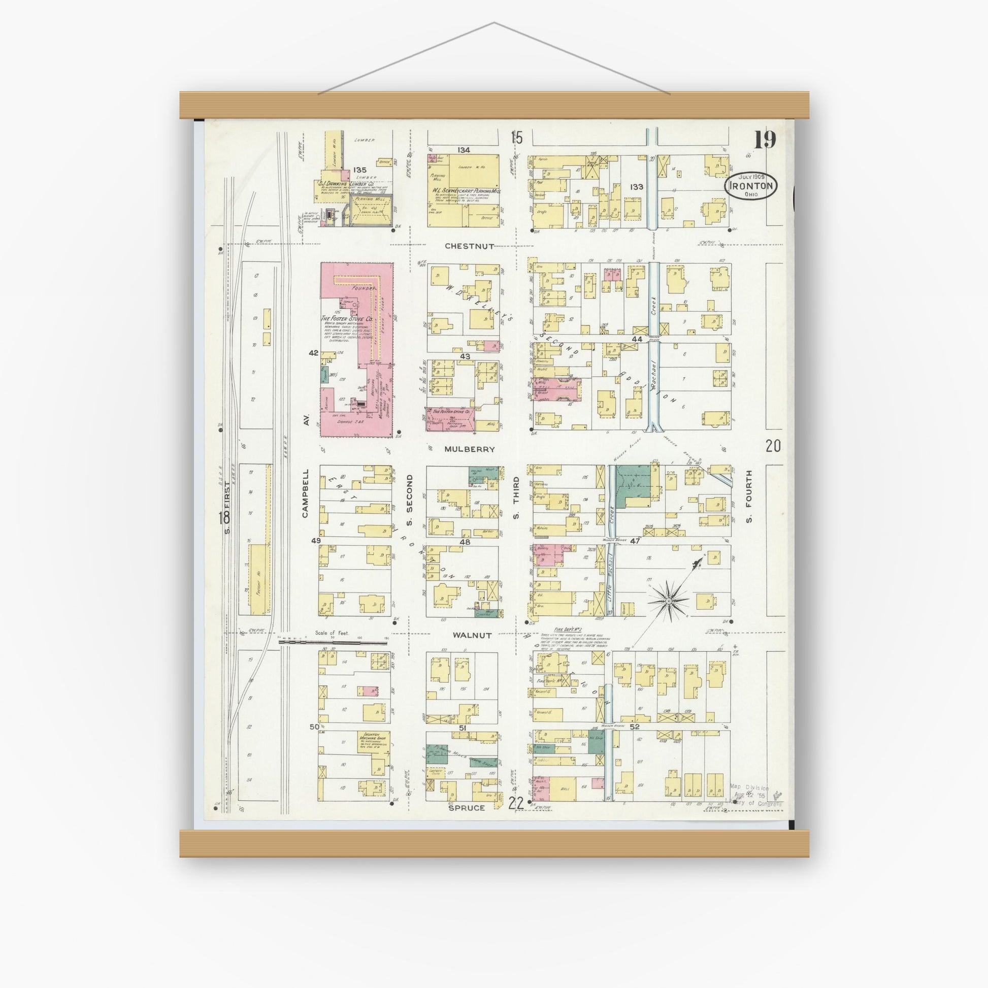 Old map wall art mockup — magnetic wood frame on white wall — Sanborn Fire Insurance Map from Ironton, Lawrence County, Ohio (1909), Sheet #0019