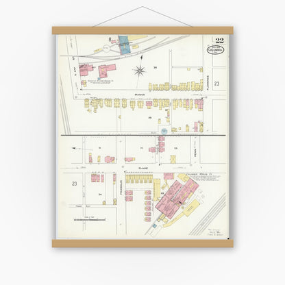Old map wall art mockup — magnetic wood frame on white wall — Sanborn Fire Insurance Map from Columbia, Lancaster County, Pennsylvania (1909), Sheet #0022