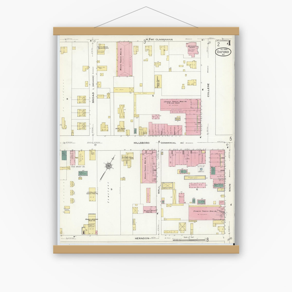 Old map wall art mockup — magnetic wood frame on white wall — Sanborn Fire Insurance Map from Oxford, Granville County, North Carolina (1909), Sheet #0004