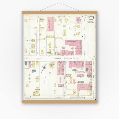 Old map wall art mockup — magnetic wood frame on white wall — Sanborn Fire Insurance Map from Oxford, Granville County, North Carolina (1909), Sheet #0004