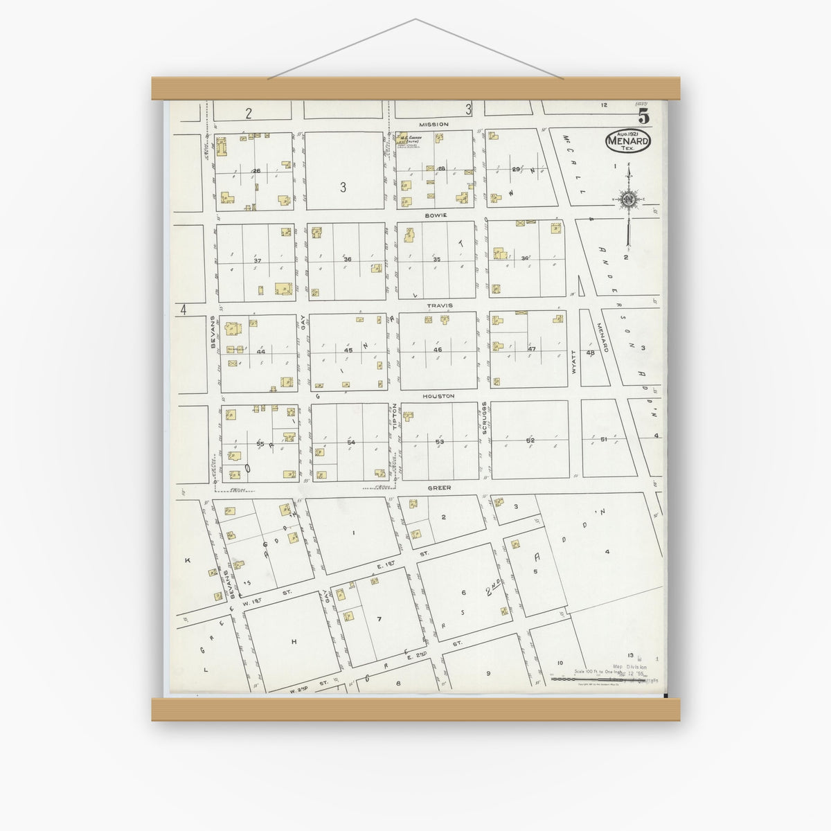 Old map wall art mockup — magnetic wood frame on white wall — Sanborn Fire Insurance Map from Menard, Menard County, Texas (1921), Sheet #0005
