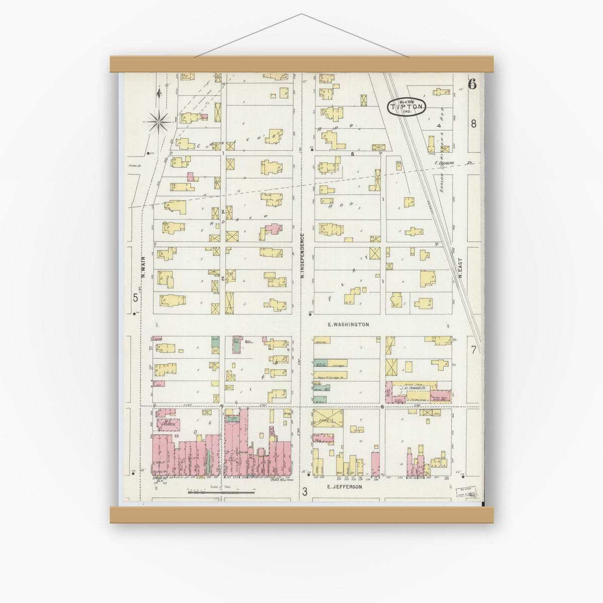 Old map wall art mockup — magnetic wood frame on white wall — Sanborn Fire Insurance Map from Tipton, Tipton County, Indiana (1896), Sheet #0006