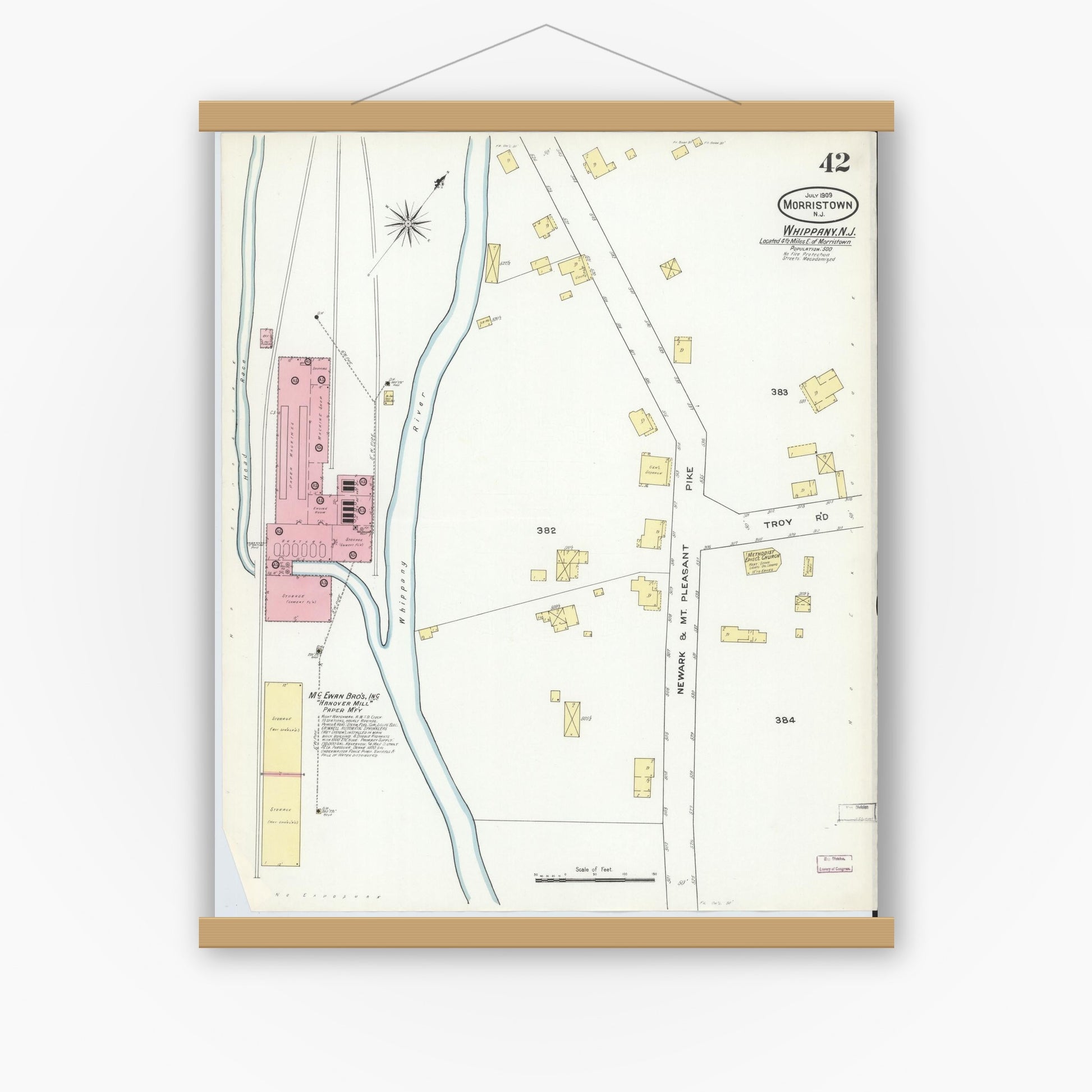 Old map wall art mockup — magnetic wood frame on white wall — Sanborn Fire Insurance Map from Morristown, Morris County, New Jersey (1909), Sheet #0042