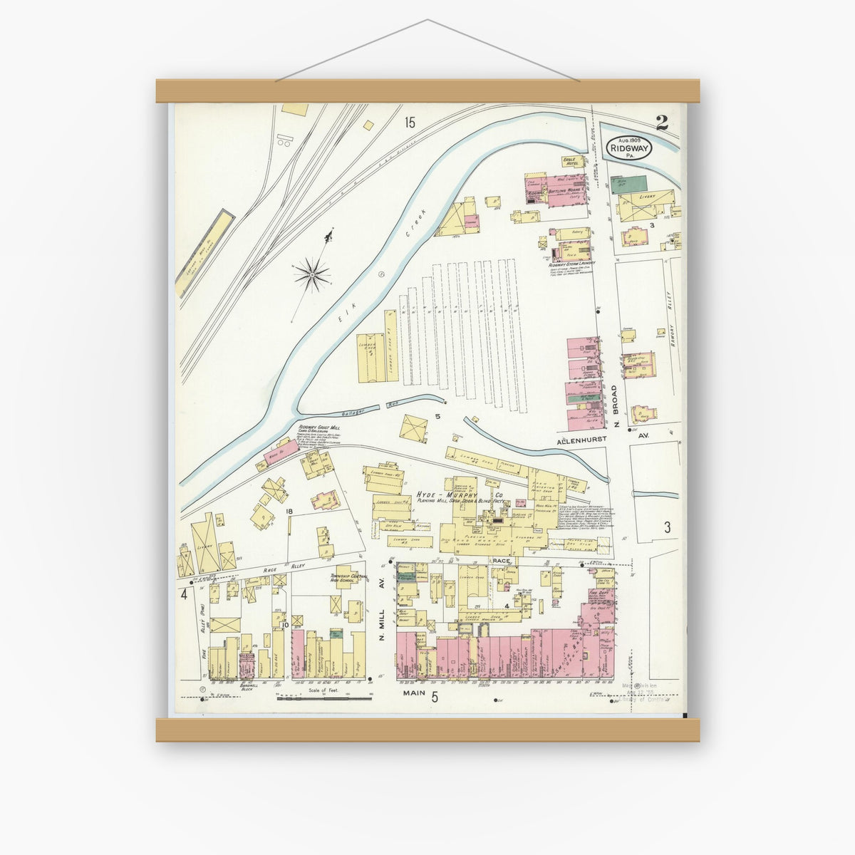 Old map wall art mockup — magnetic wood frame on white wall — Sanborn Fire Insurance Map from Ridgway, Elk County, Pennsylvania (1909), Sheet #0002