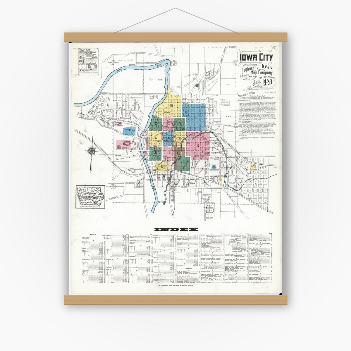 Old map wall art mockup — magnetic wood frame on white wall — Sanborn Fire Insurance Map from Iowa City, Johnson County, Iowa (1920) â€” Complete Set