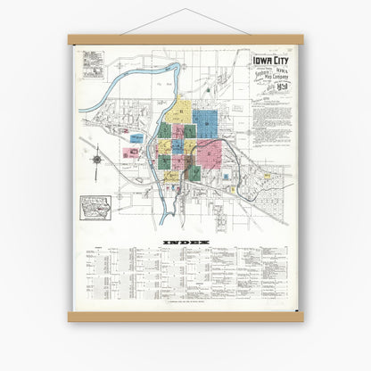 Old map wall art mockup — magnetic wood frame on white wall — Sanborn Fire Insurance Map from Iowa City, Johnson County, Iowa (1920) â€” Complete Set