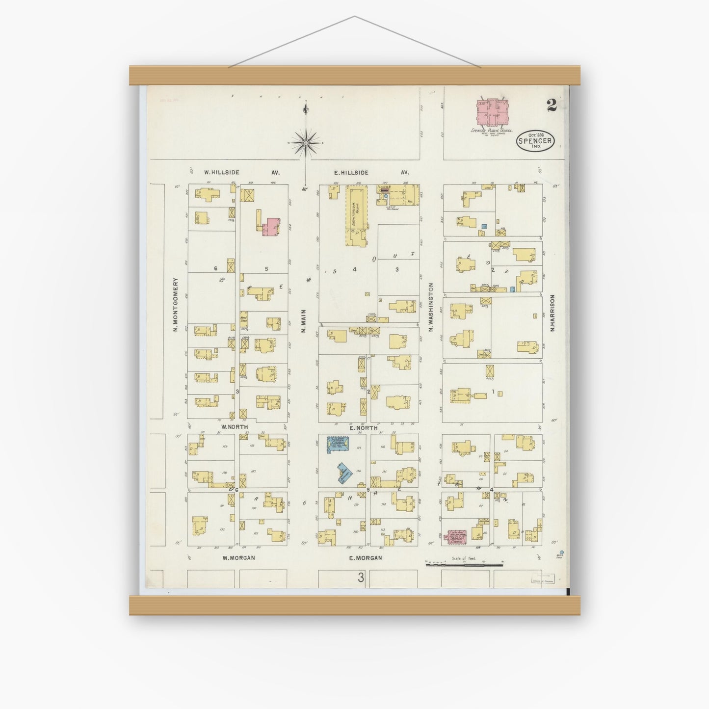 Old map wall art mockup — magnetic wood frame on white wall — Sanborn Fire Insurance Map from Spencer, Owen County, Indiana (1898), Sheet #0002