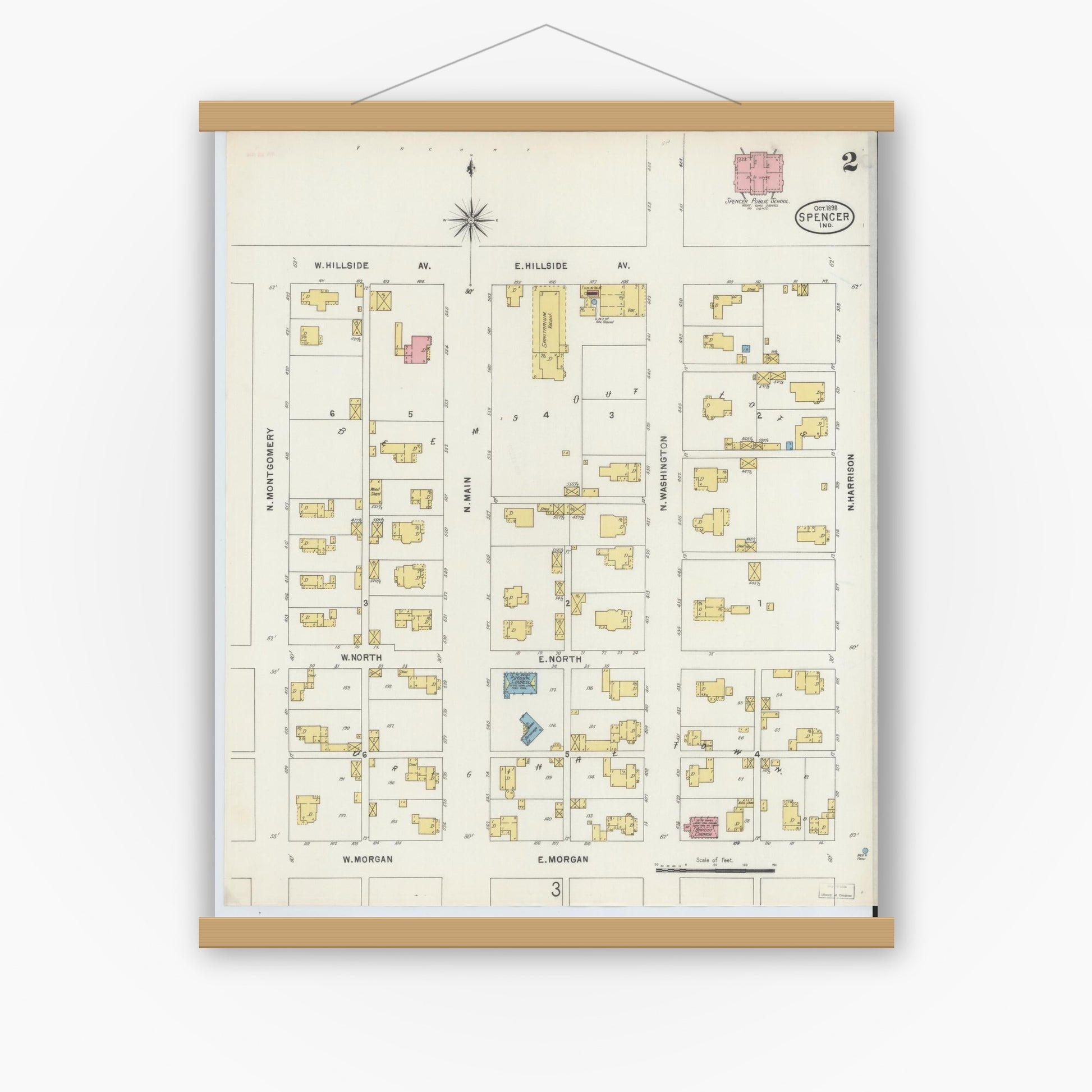 Old map wall art mockup — magnetic wood frame on white wall — Sanborn Fire Insurance Map from Spencer, Owen County, Indiana (1898), Sheet #0002
