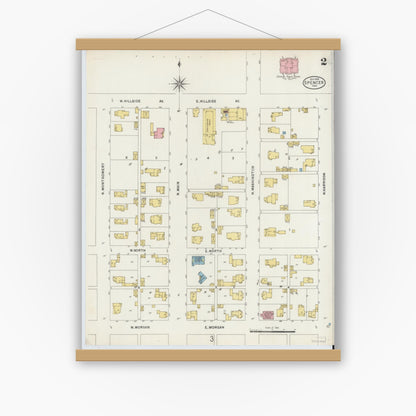 Old map wall art mockup — magnetic wood frame on white wall — Sanborn Fire Insurance Map from Spencer, Owen County, Indiana (1898), Sheet #0002