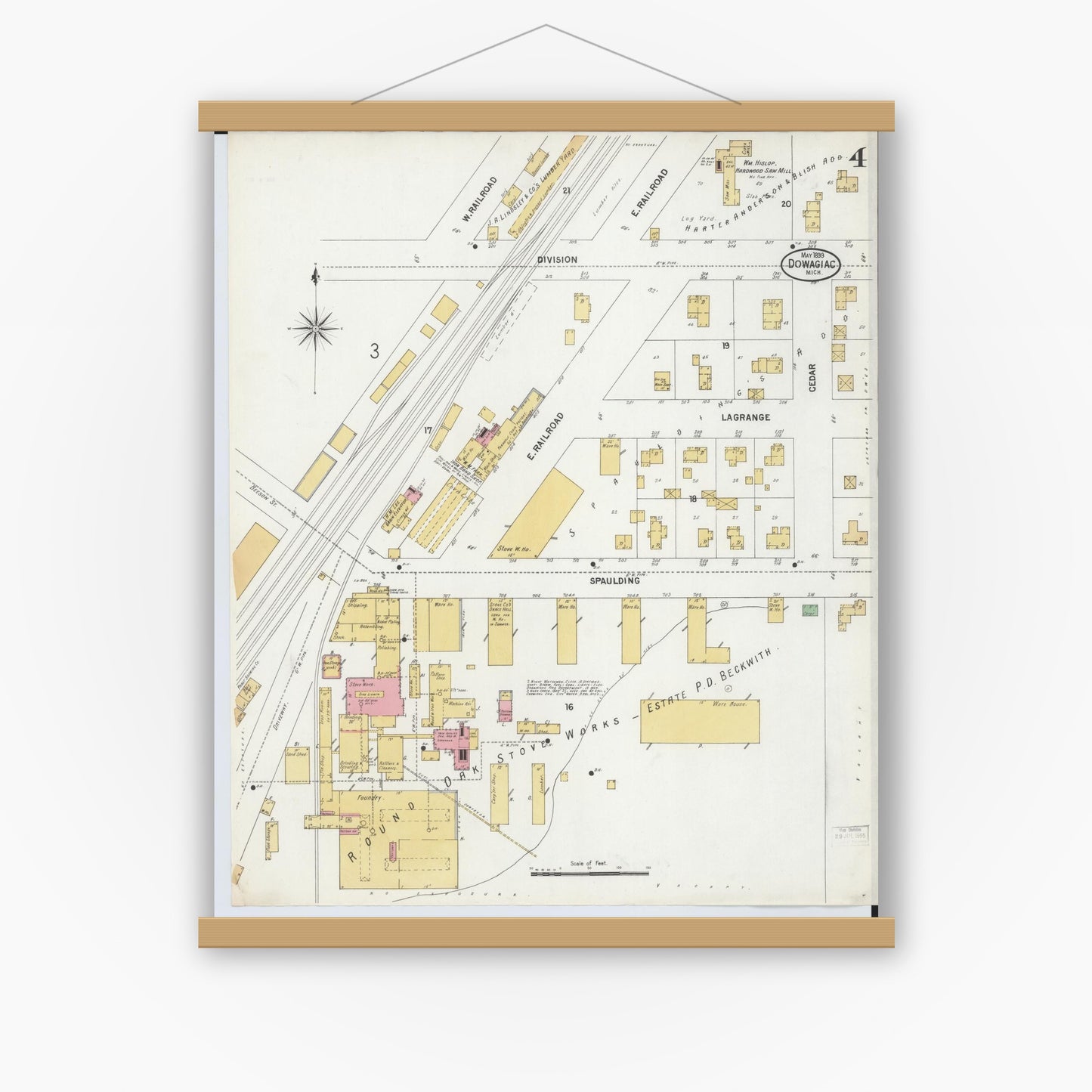 Old map wall art mockup — magnetic wood frame on white wall — Sanborn Fire Insurance Map from Dowagiac, Cass County, Michigan (1899), Sheet #0004