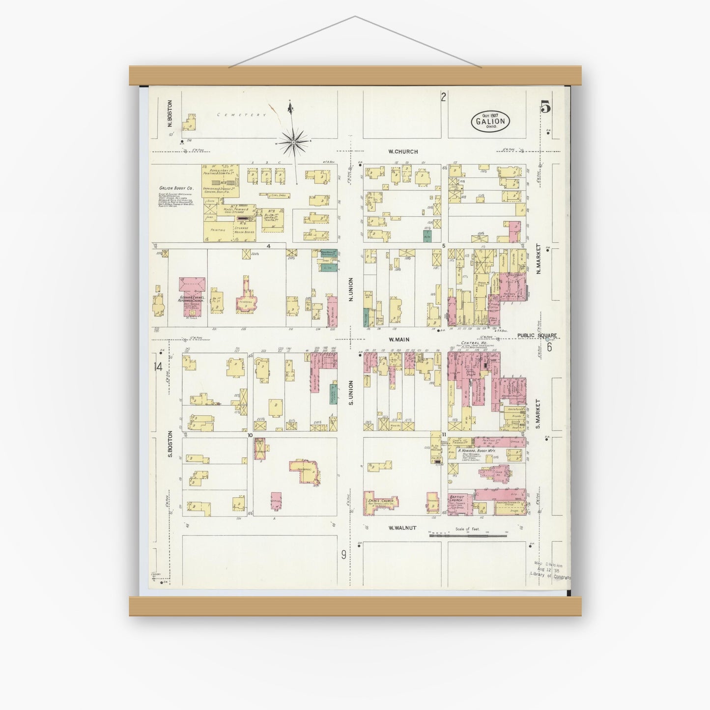 Old map wall art mockup — magnetic wood frame on white wall — Sanborn Fire Insurance Map from Galion, Crawford County, Ohio (1907), Sheet #0005