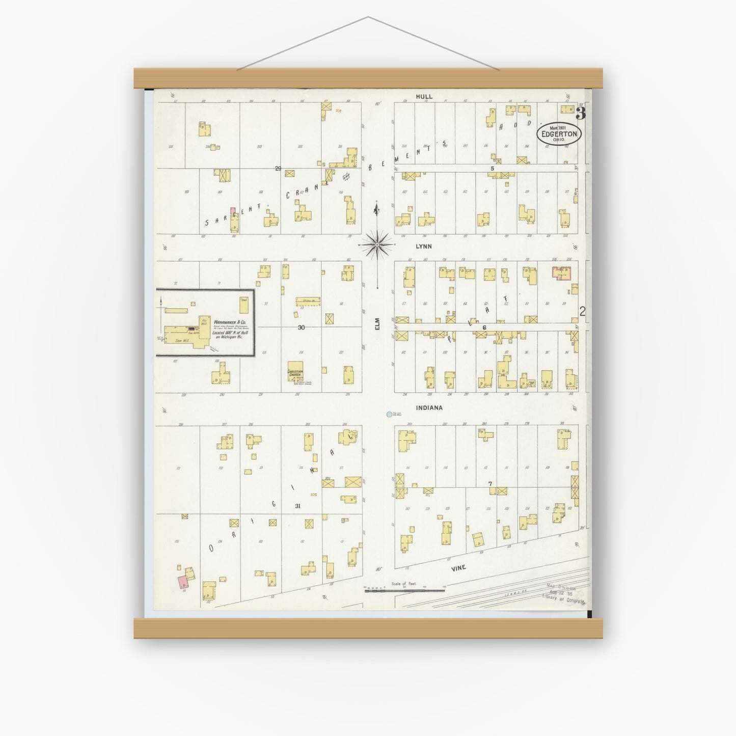Old map wall art mockup — magnetic wood frame on white wall — Sanborn Fire Insurance Map from Edgerton, Williams County, Ohio (1901), Sheet #0003