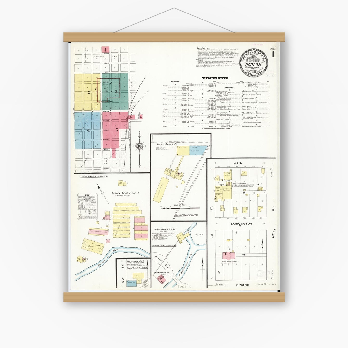 Old map wall art mockup — magnetic wood frame on white wall — Sanborn Fire Insurance Map from Harlan, Shelby County, Iowa (1909), Sheet #0001
