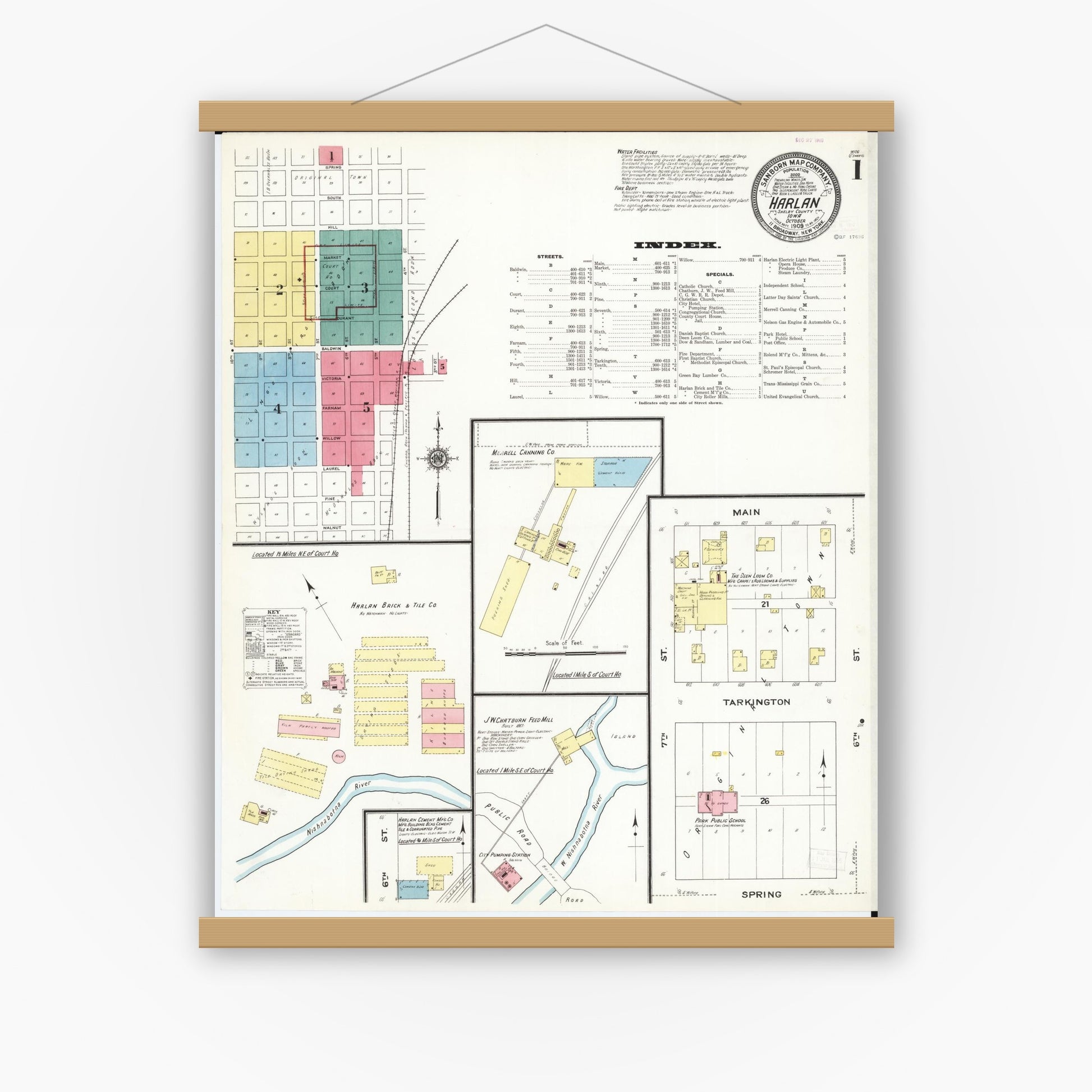 Old map wall art mockup — magnetic wood frame on white wall — Sanborn Fire Insurance Map from Harlan, Shelby County, Iowa (1909), Sheet #0001