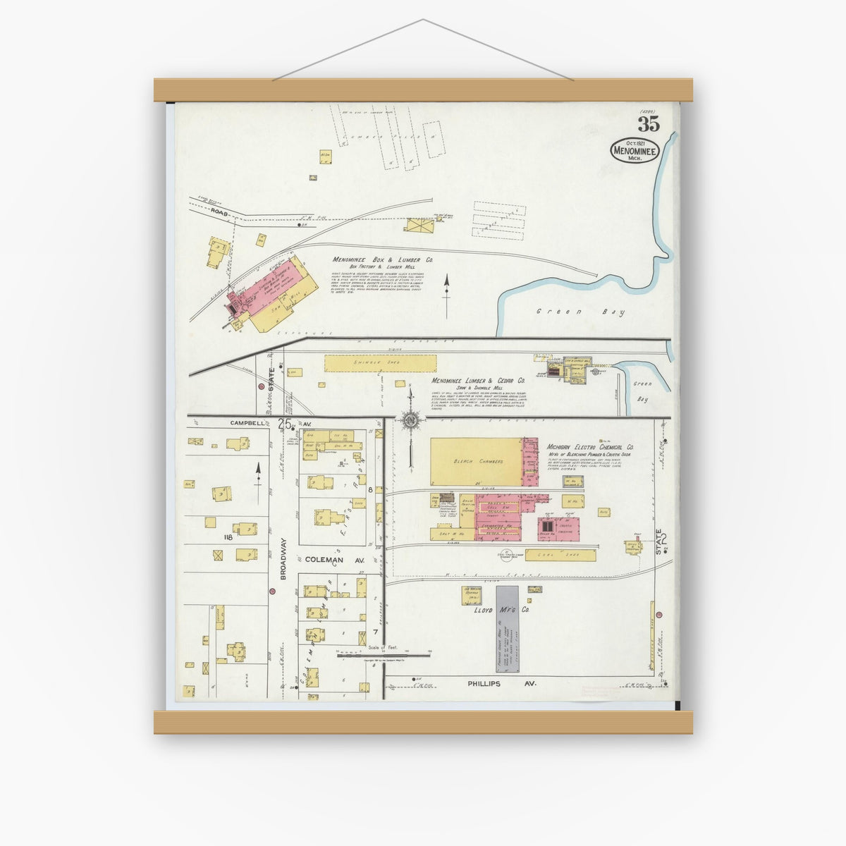 Old map wall art mockup — magnetic wood frame on white wall — Sanborn Fire Insurance Map from Menominee, Menominee County, Michigan (1921), Sheet #0035