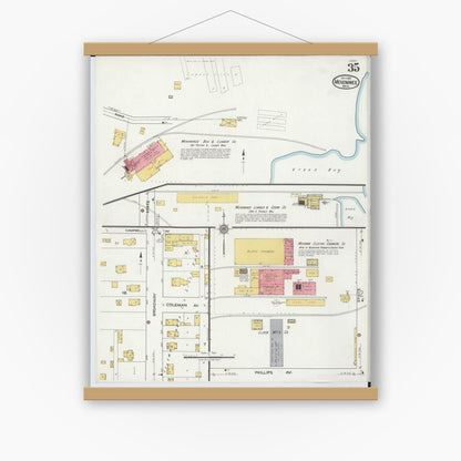 Old map wall art mockup — magnetic wood frame on white wall — Sanborn Fire Insurance Map from Menominee, Menominee County, Michigan (1921), Sheet #0035