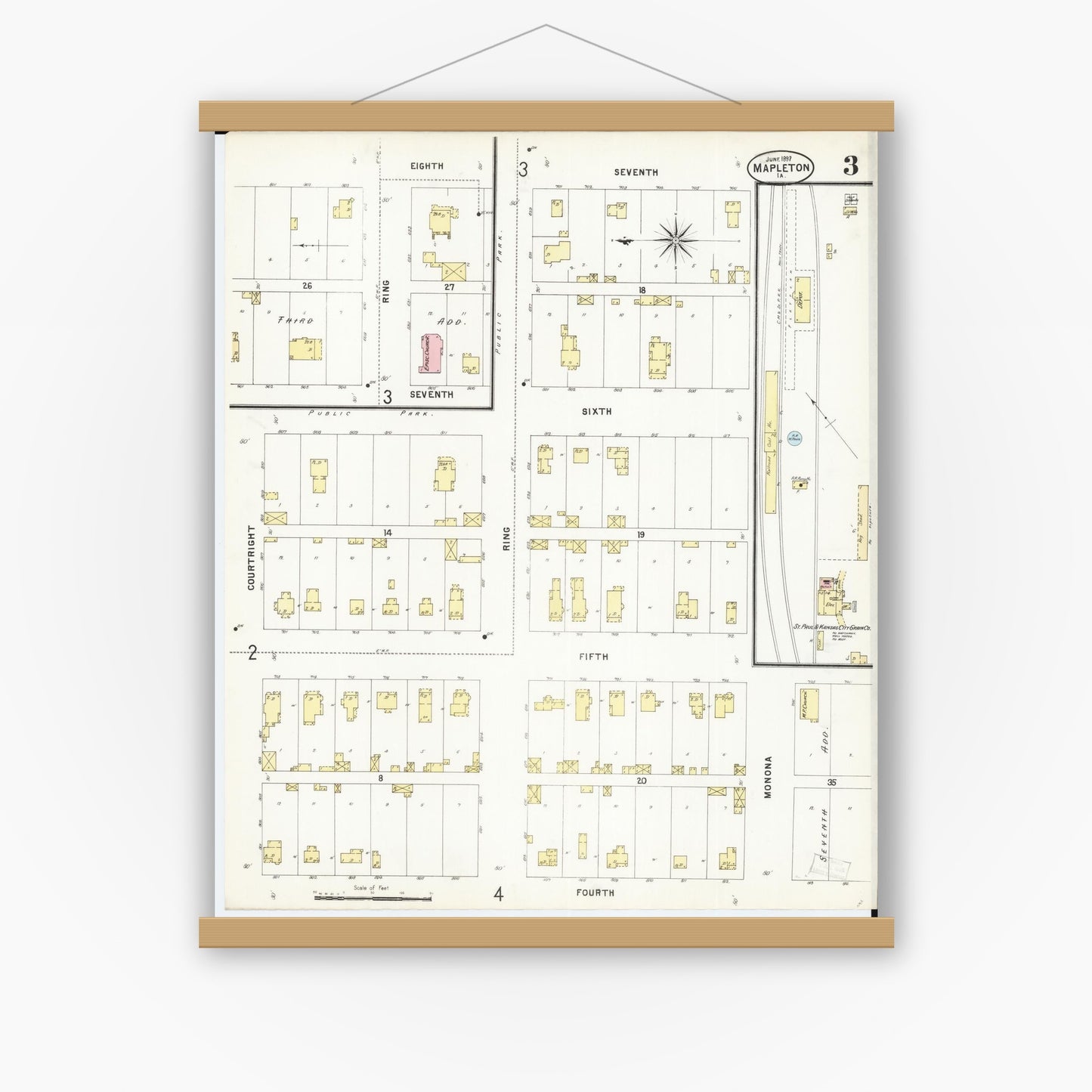 Old map wall art mockup — magnetic wood frame on white wall — Sanborn Fire Insurance Map from Mapleton, Monona County, Iowa (1897), Sheet #0003