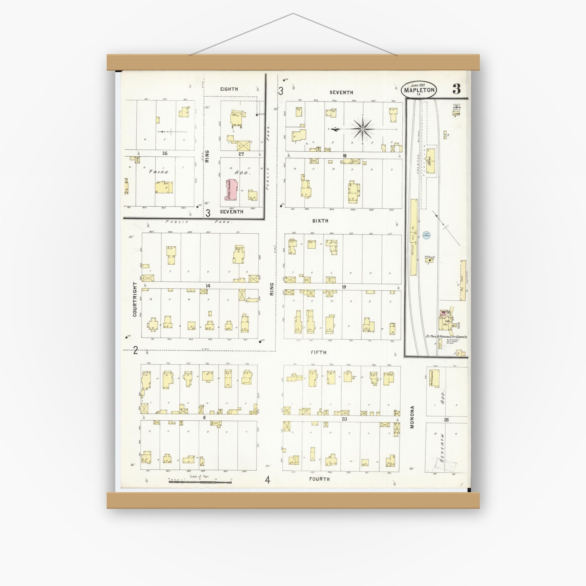 Old map wall art mockup — magnetic wood frame on white wall — Sanborn Fire Insurance Map from Mapleton, Monona County, Iowa (1897), Sheet #0003