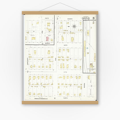 Old map wall art mockup — magnetic wood frame on white wall — Sanborn Fire Insurance Map from Mapleton, Monona County, Iowa (1897), Sheet #0003