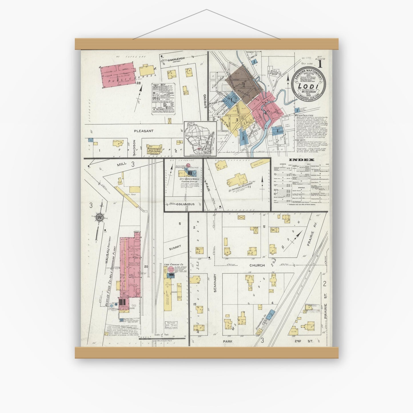 Old map wall art mockup — magnetic wood frame on white wall — Sanborn Fire Insurance Map from Lodi, Columbia County, Wisconsin (1919) - Complete Map Set