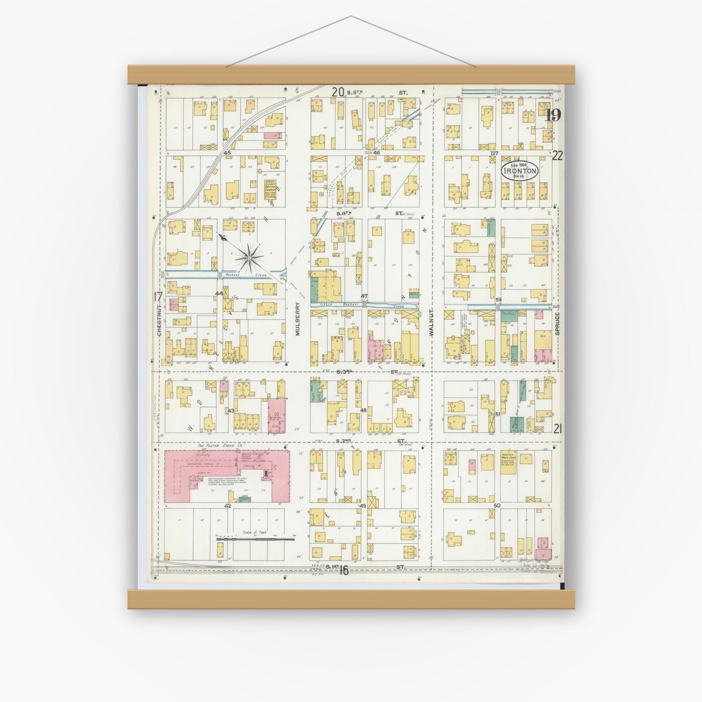 Old map wall art mockup — magnetic wood frame on white wall — Sanborn Fire Insurance Map from Ironton, Lawrence County, Ohio (1904), Sheet #0019