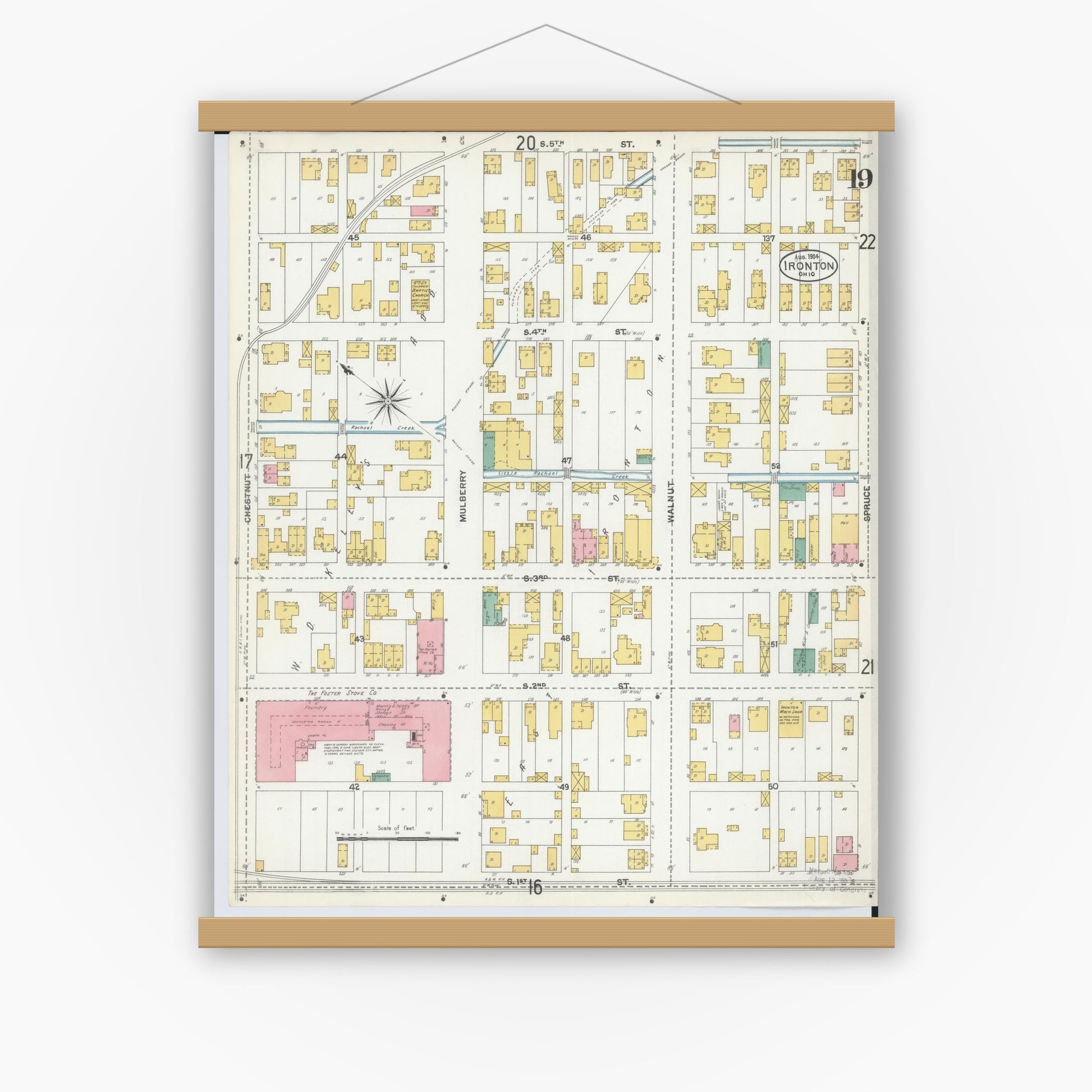Old map wall art mockup — magnetic wood frame on white wall — Sanborn Fire Insurance Map from Ironton, Lawrence County, Ohio (1904), Sheet #0019
