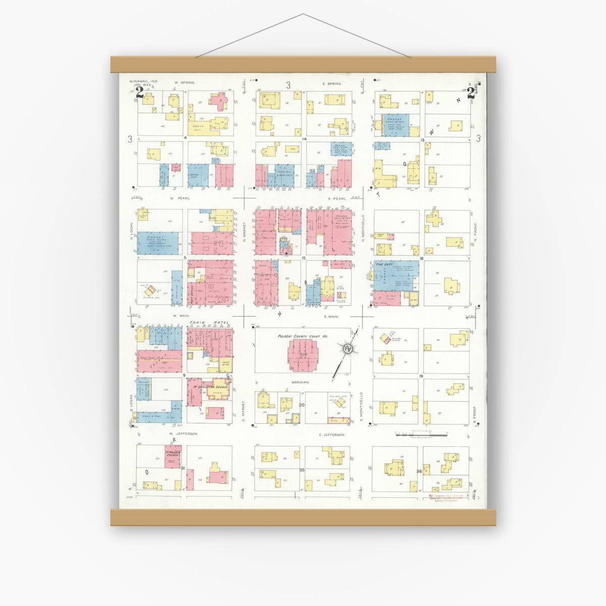 Old map wall art mockup — magnetic wood frame on white wall — Sanborn Fire Insurance Map from Winamac, Pulaski County, Indiana (1933), Sheet #0002