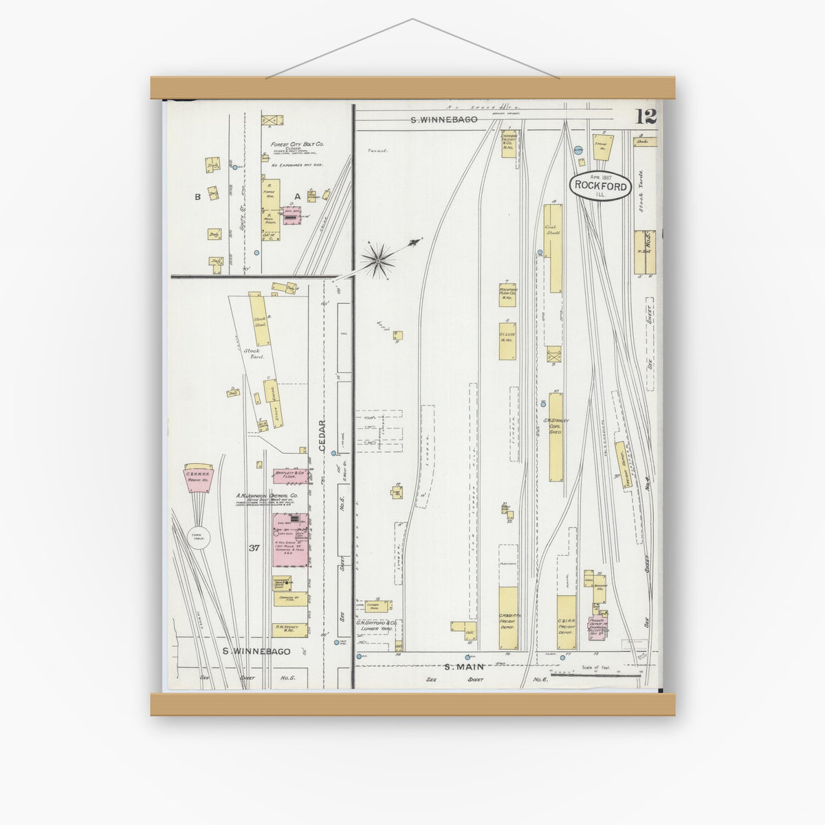 Old map wall art mockup — magnetic wood frame on white wall — Sanborn Fire Insurance Map from Rockford, Winnebago County, Illinois (1887), Sheet #0012