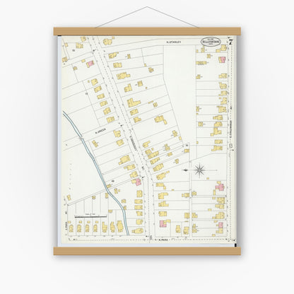 Old map wall art mockup — magnetic wood frame on white wall — Sanborn Fire Insurance Map from Bellefontaine, Logan County, Ohio (1901), Sheet #0007