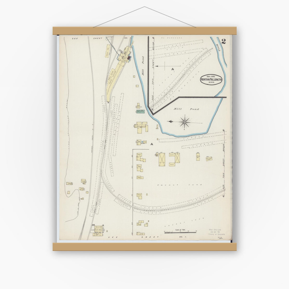 Old map wall art mockup — magnetic wood frame on white wall — Sanborn Fire Insurance Map from Northern Pacific Junction, Carlton County, Minnesota (1885), Sheet #0002