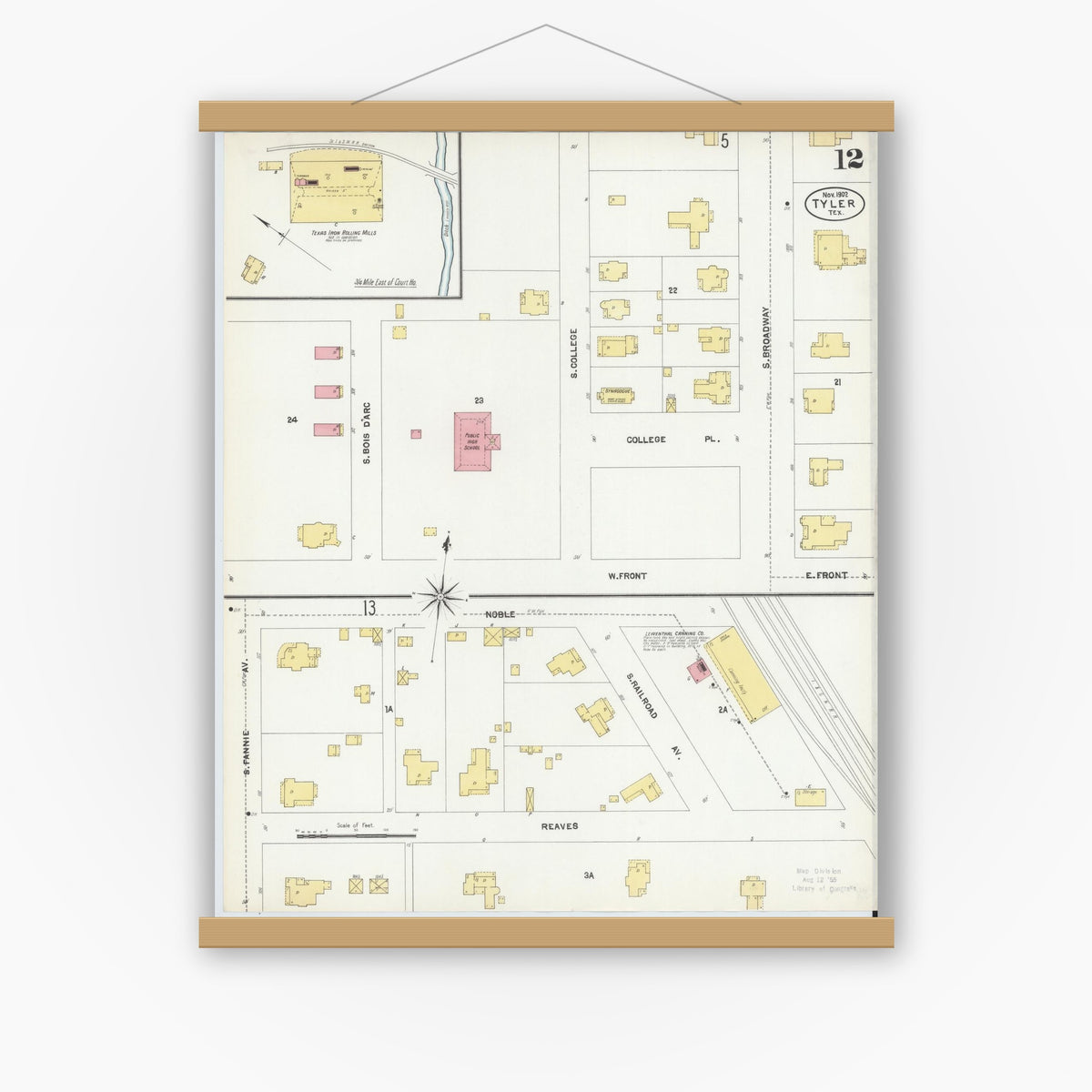 Old map wall art mockup — magnetic wood frame on white wall — Sanborn Fire Insurance Map from Tyler, Smith County, Texas (1902), Sheet #0012
