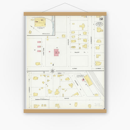 Old map wall art mockup — magnetic wood frame on white wall — Sanborn Fire Insurance Map from Tyler, Smith County, Texas (1902), Sheet #0012