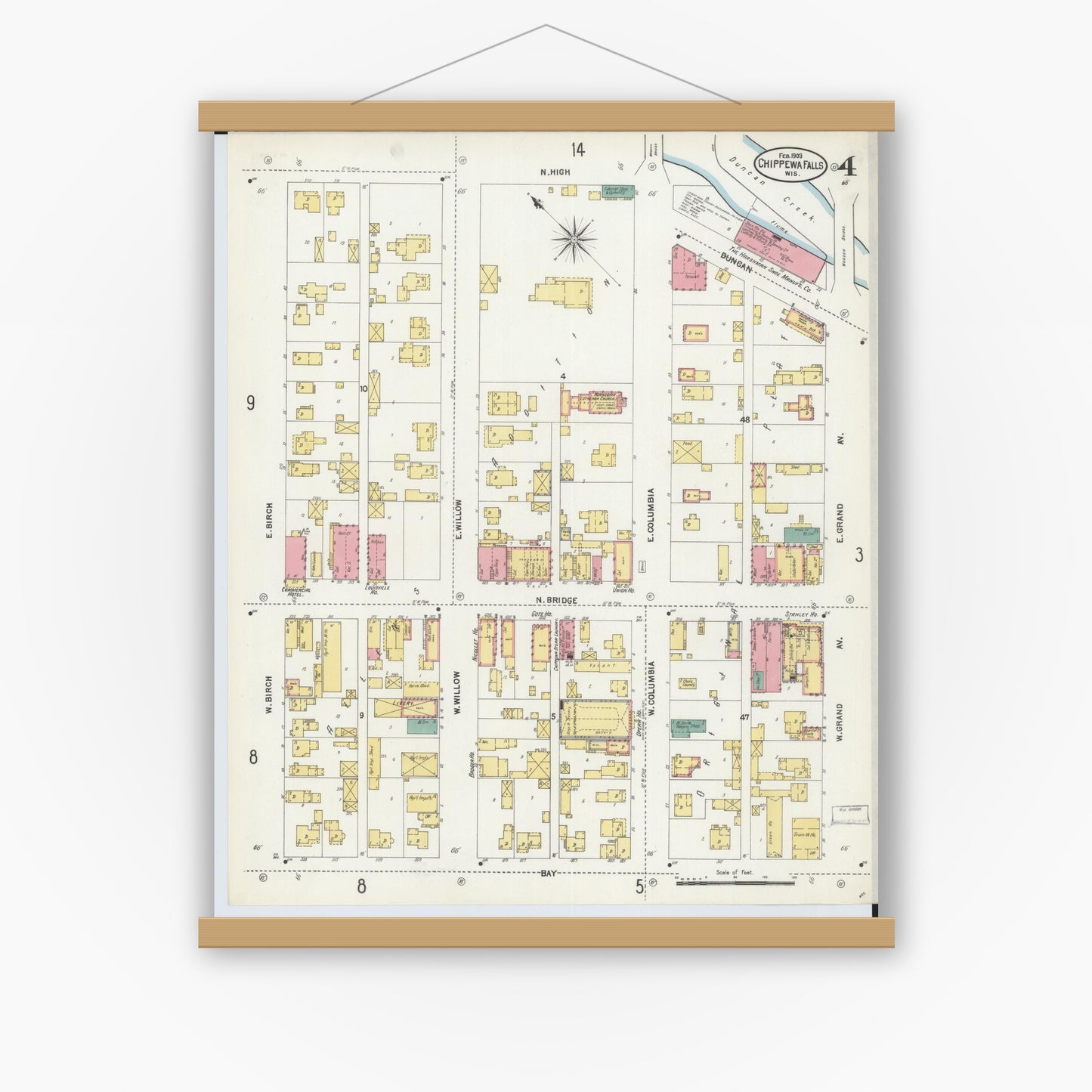 Old map wall art mockup — magnetic wood frame on white wall — Sanborn Fire Insurance Map from Chippewa Falls, Chippewa County, Wisconsin (1903), Sheet #0004