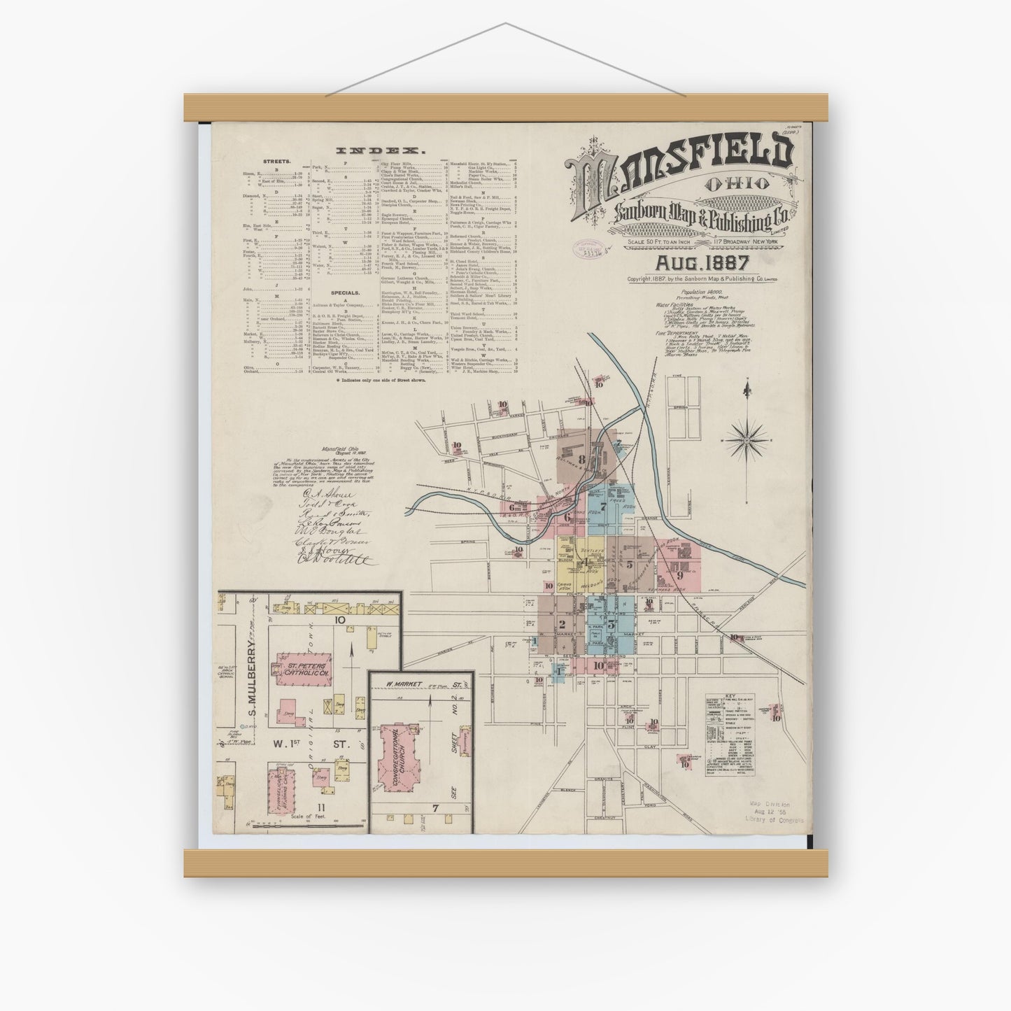 Old map wall art mockup — magnetic wood frame on white wall — Sanborn Fire Insurance Map from Mansfield, Richland County, Ohio (1887), Sheet #0001