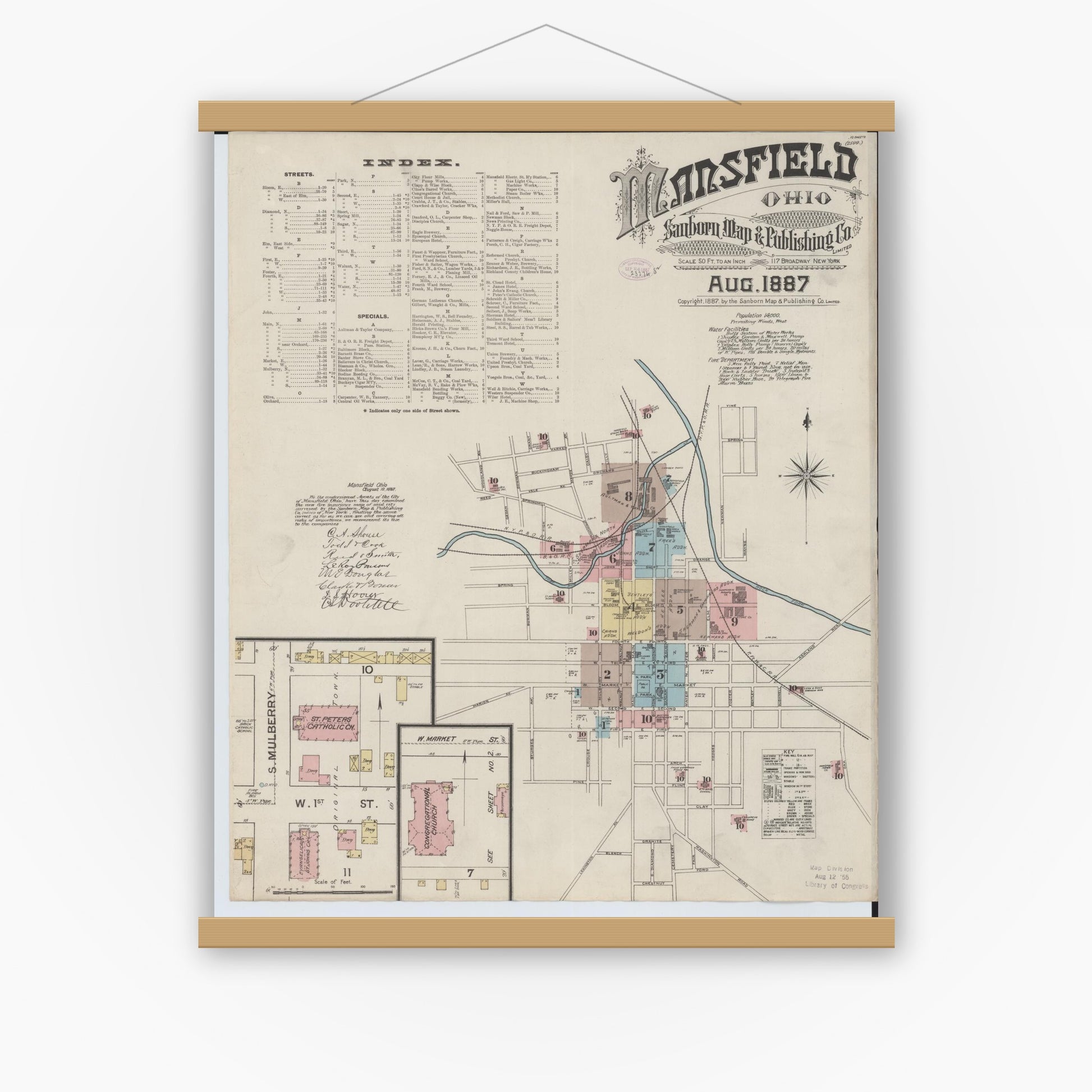 Old map wall art mockup — magnetic wood frame on white wall — Sanborn Fire Insurance Map from Mansfield, Richland County, Ohio (1887), Sheet #0001