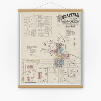 Old map wall art mockup — magnetic wood frame on white wall — Sanborn Fire Insurance Map from Mansfield, Richland County, Ohio (1887), Sheet #0001