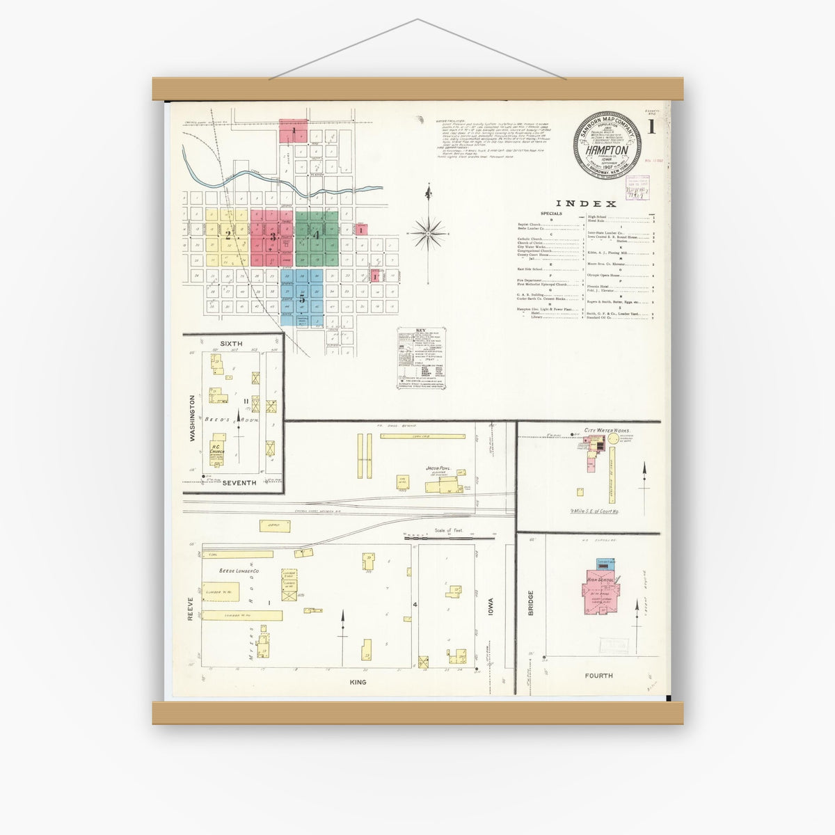 Old map wall art mockup — magnetic wood frame on white wall — Sanborn Fire Insurance Map from Hampton, Franklin County, Iowa (1907) â€” Complete Set