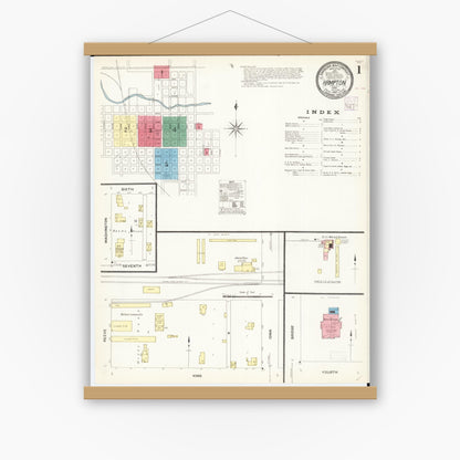 Old map wall art mockup — magnetic wood frame on white wall — Sanborn Fire Insurance Map from Hampton, Franklin County, Iowa (1907) â€” Complete Set