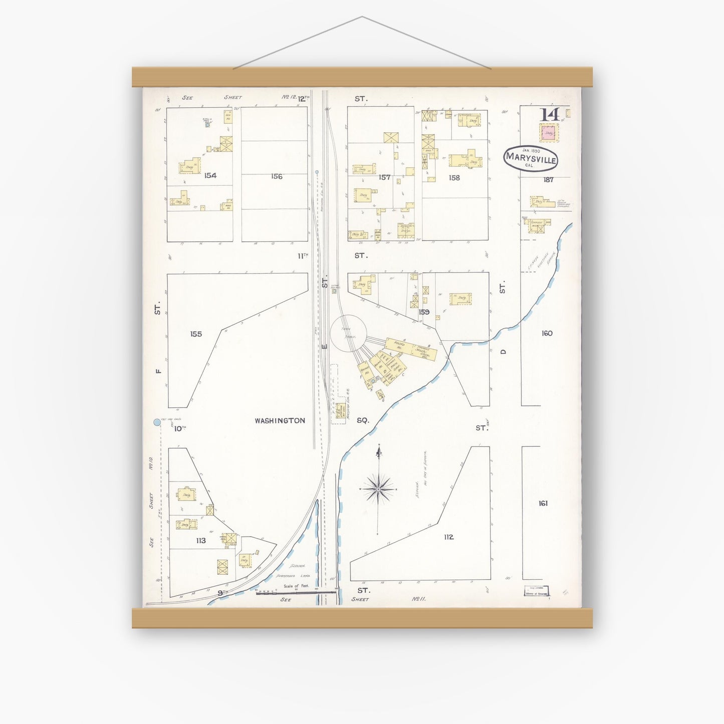 Old map wall art mockup — magnetic wood frame on white wall — Sanborn Fire Insurance Map from Marysville, Yuba County, California (1890), Sheet #0014