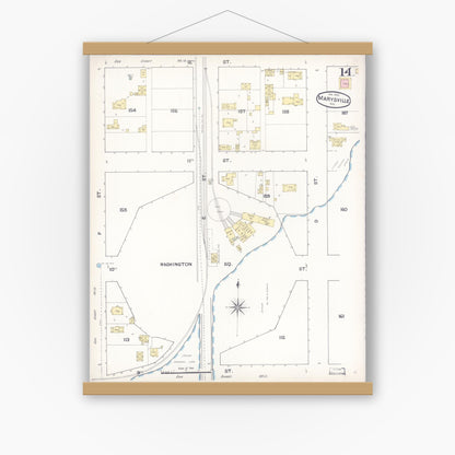 Old map wall art mockup — magnetic wood frame on white wall — Sanborn Fire Insurance Map from Marysville, Yuba County, California (1890), Sheet #0014
