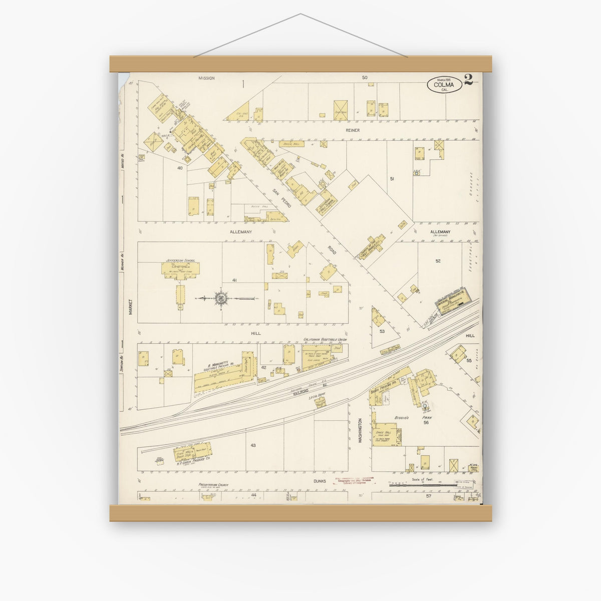 Old map wall art mockup — magnetic wood frame on white wall — Sanborn Fire Insurance Map from Colma, San Mateo County, California (1915), Sheet #0002