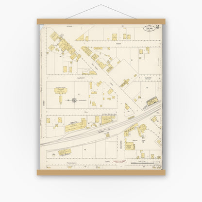 Old map wall art mockup — magnetic wood frame on white wall — Sanborn Fire Insurance Map from Colma, San Mateo County, California (1915), Sheet #0002