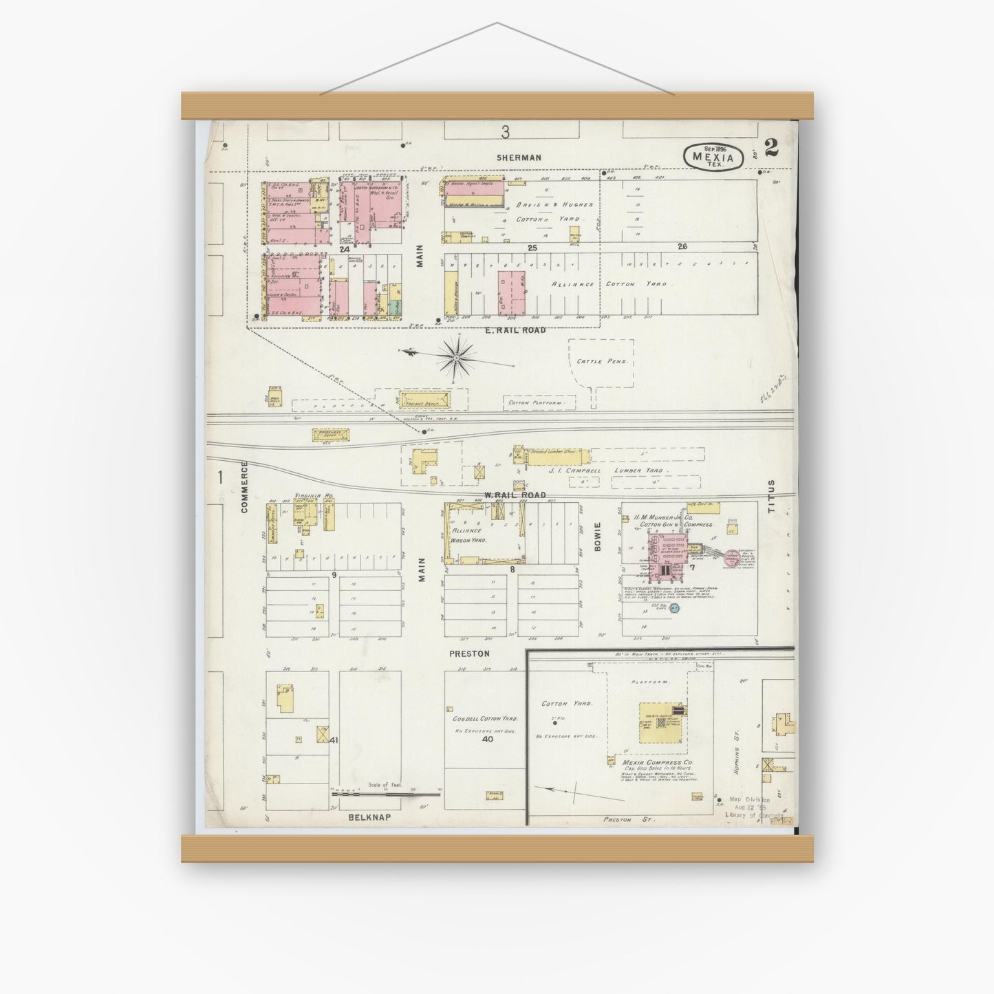 Old map wall art mockup — magnetic wood frame on white wall — Sanborn Fire Insurance Map from Mexia, Limestone County, Texas (1896), Sheet #0002