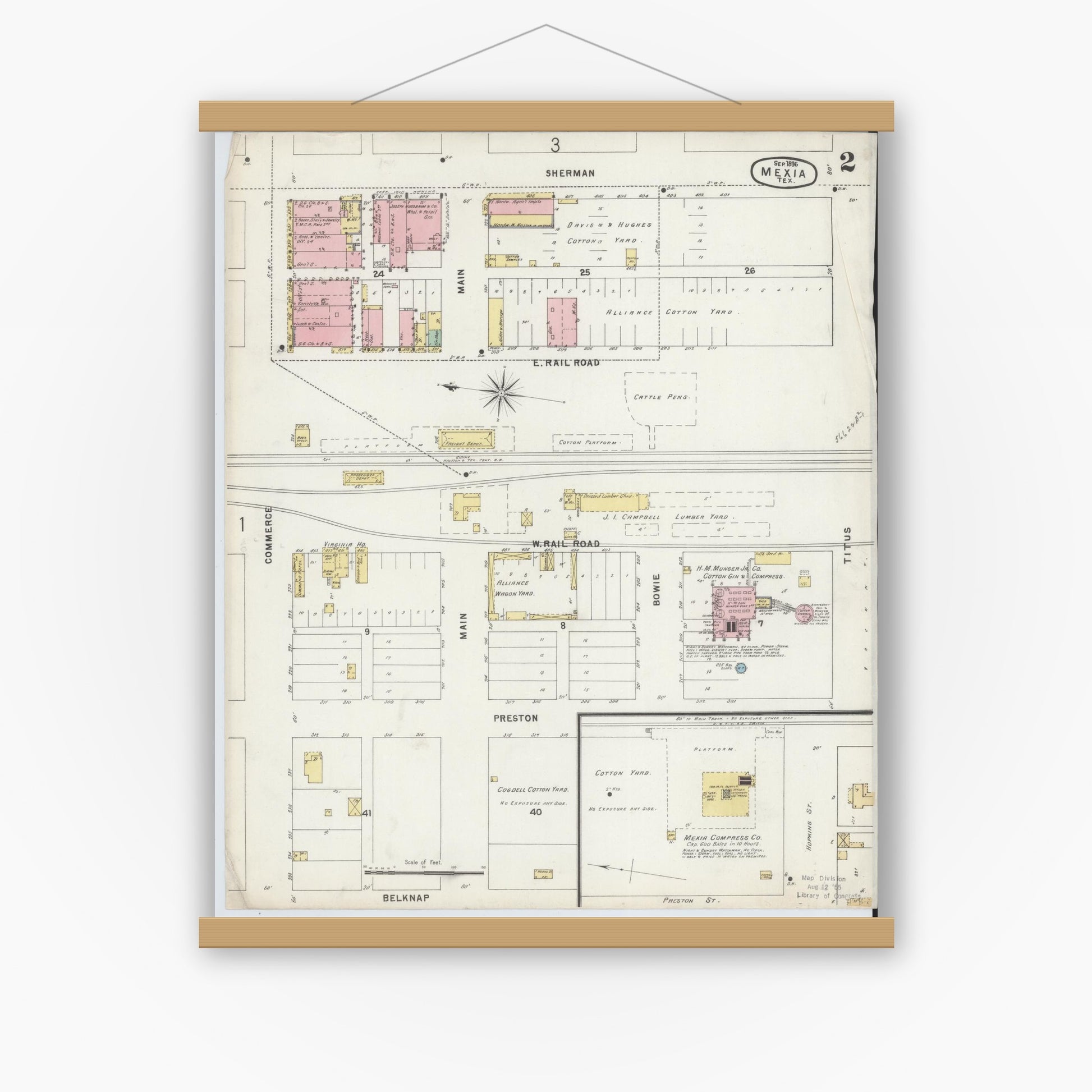 Old map wall art mockup — magnetic wood frame on white wall — Sanborn Fire Insurance Map from Mexia, Limestone County, Texas (1896), Sheet #0002