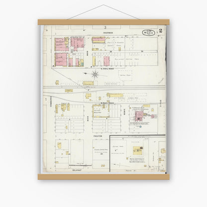 Old map wall art mockup — magnetic wood frame on white wall — Sanborn Fire Insurance Map from Mexia, Limestone County, Texas (1896), Sheet #0002