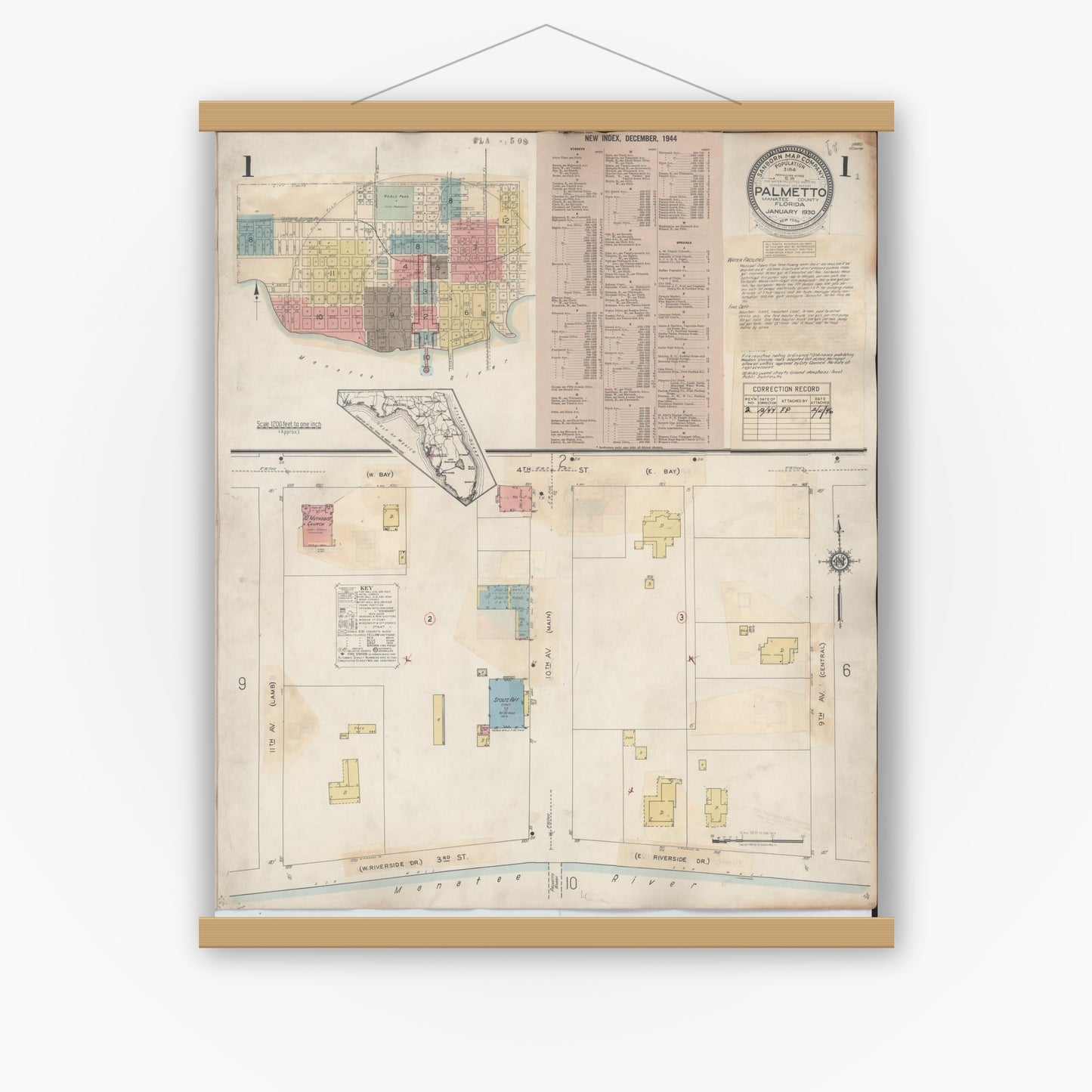 Old map wall art mockup — magnetic wood frame on white wall — Sanborn Fire Insurance Map from Palmetto, Manatee County, Florida (1944) - Complete Map Set