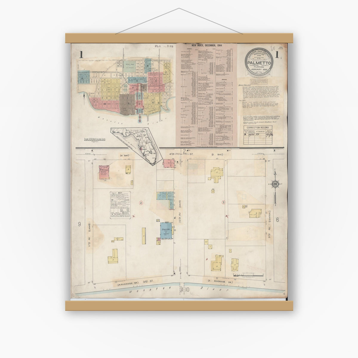 Old map wall art mockup — magnetic wood frame on white wall — Sanborn Fire Insurance Map from Palmetto, Manatee County, Florida (1944) - Complete Map Set