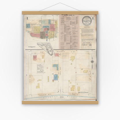 Old map wall art mockup — magnetic wood frame on white wall — Sanborn Fire Insurance Map from Palmetto, Manatee County, Florida (1944) - Complete Map Set