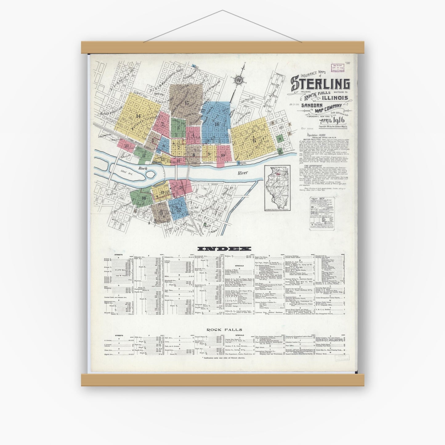 Old map wall art mockup — magnetic wood frame on white wall — Sanborn Fire Insurance Map from Sterling, Whiteside County, Illinois (1916) - Complete Map Set